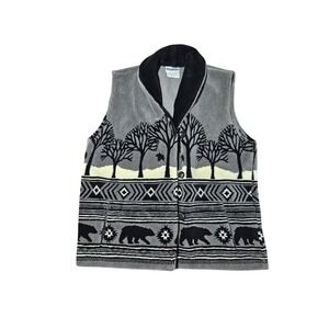 Robert Kitchen Canada Fleece Sz L Button Vest Shawl-Collar Bear Tree Southwest